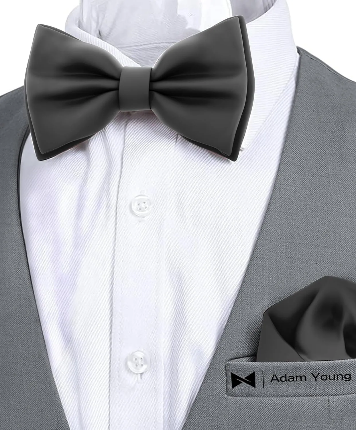 Adam Young Men's Bow Ties with Handkerchief Pre-Tied Style Formal Satin Classic Bowtie for Tuxedo Faux Silk