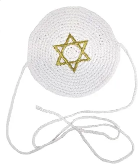 Baby White Kippah with Ties - Gold Star of David - Jewish Kipa for Bris Brit Milah