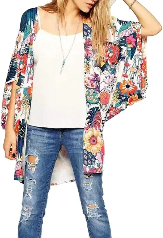 Camisunny Women Chiffon Printed Cardigan Kimono Robe Tops Beach Bikini Cover up Blouse