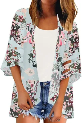 Camisunny Women Chiffon Printed Cardigan Kimono Robe Tops Beach Bikini Cover up Blouse