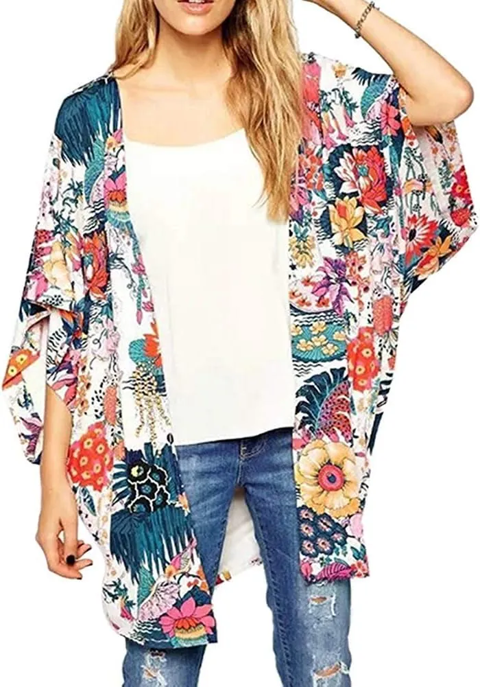 Camisunny Women Chiffon Printed Cardigan Kimono Robe Tops Beach Bikini Cover up Blouse