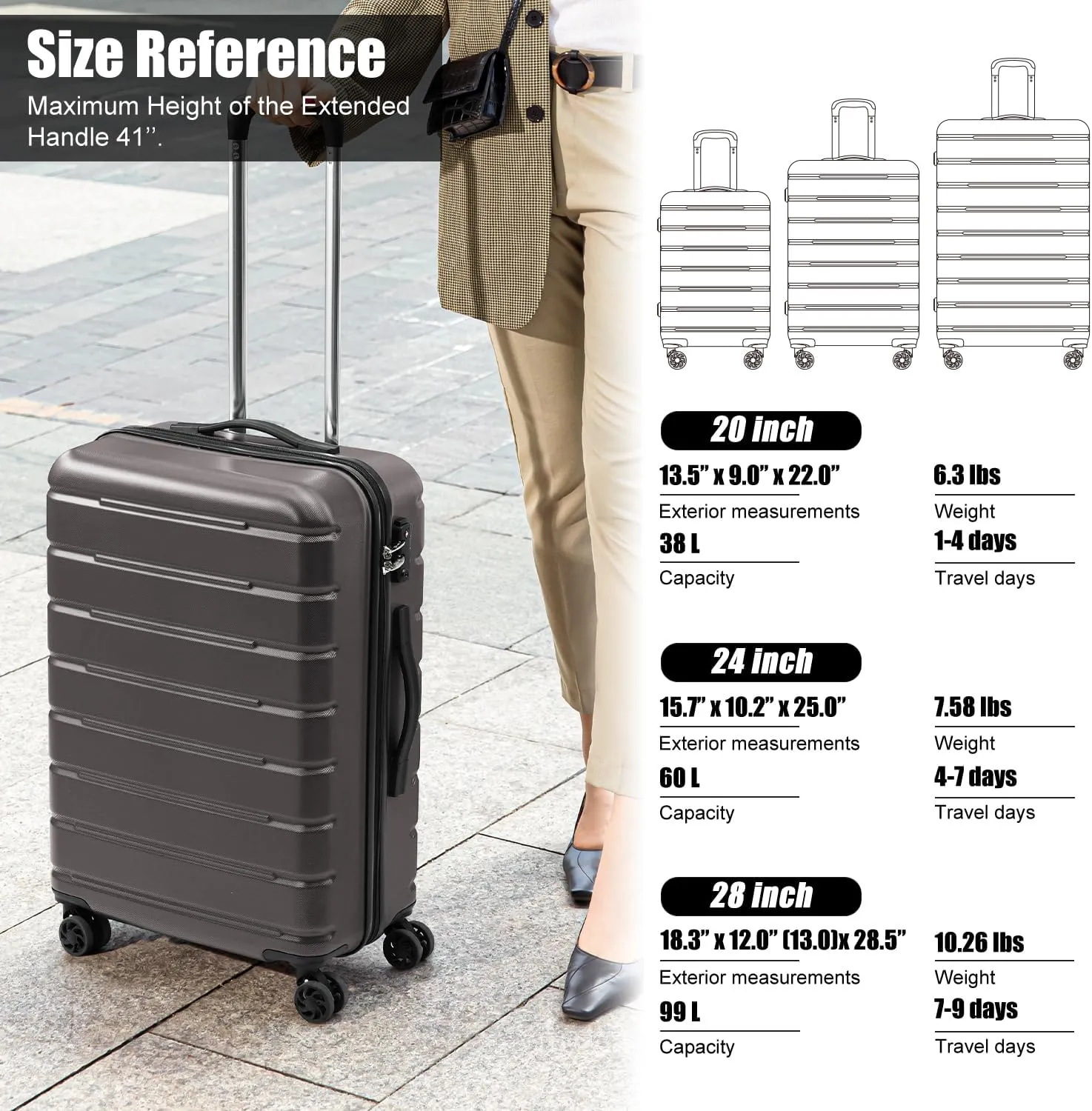 Coolife Luggage Suitcase Carry-on Spinner TSA Lock USB Port Expandable (only 28????) Lightweight Hardside Luggage (Gray, 3 piece set)