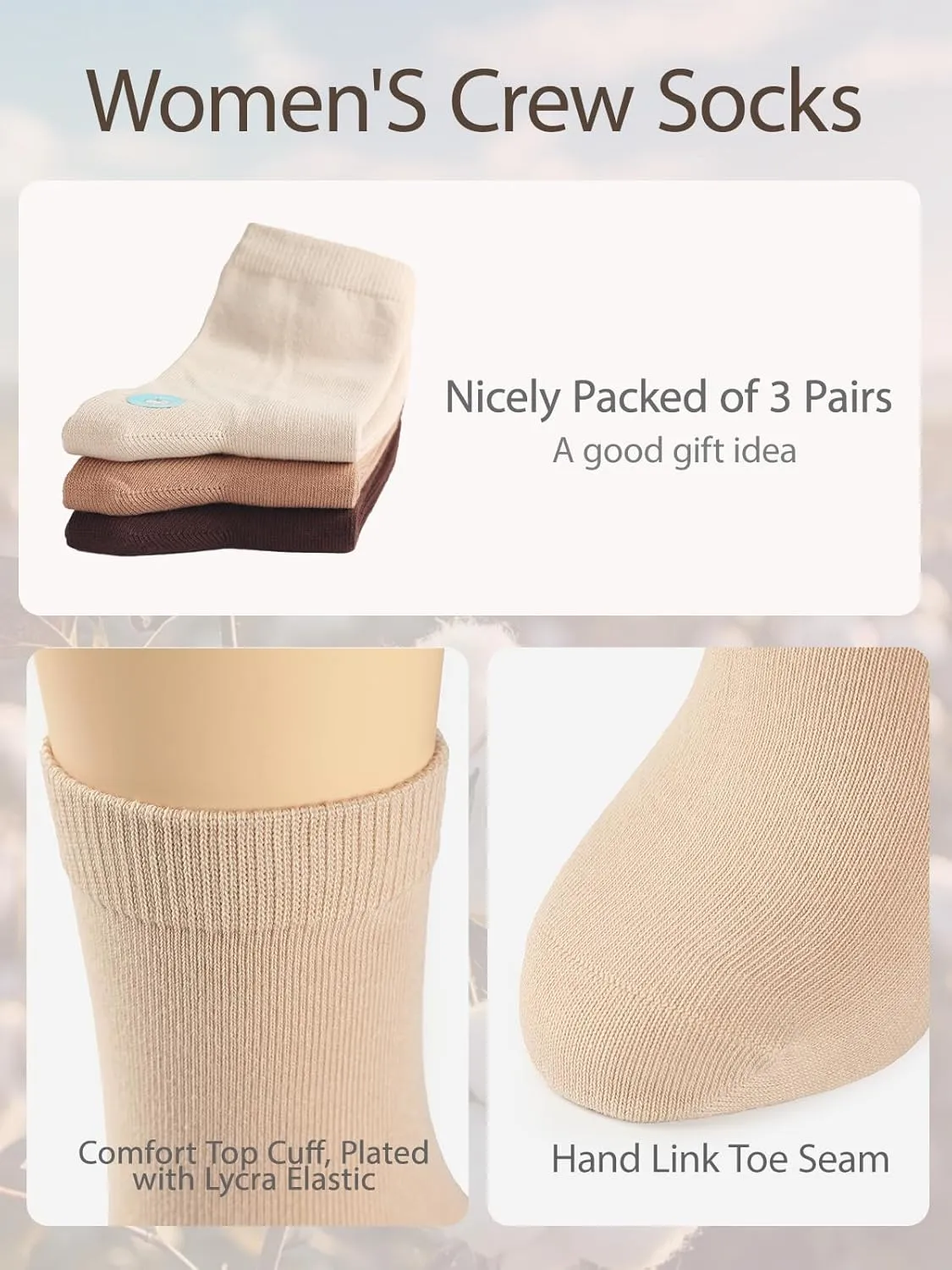 COTTON DAY Women's Soft Combed Cotton Dress Socks Seamless Toe Black White Gray Navy Blue Brown Beige