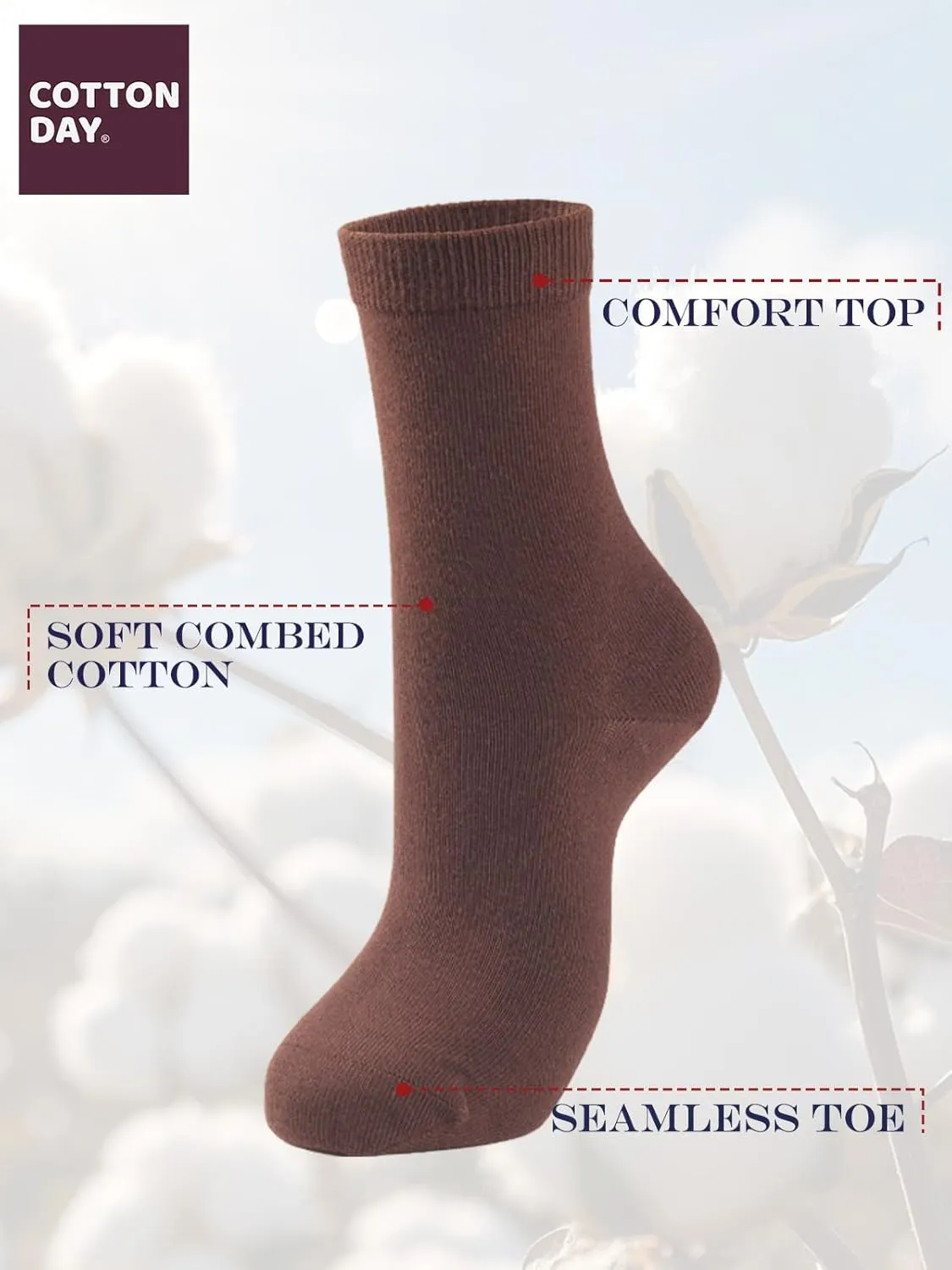 COTTON DAY Women's Soft Combed Cotton Dress Socks Seamless Toe Black White Gray Navy Blue Brown Beige
