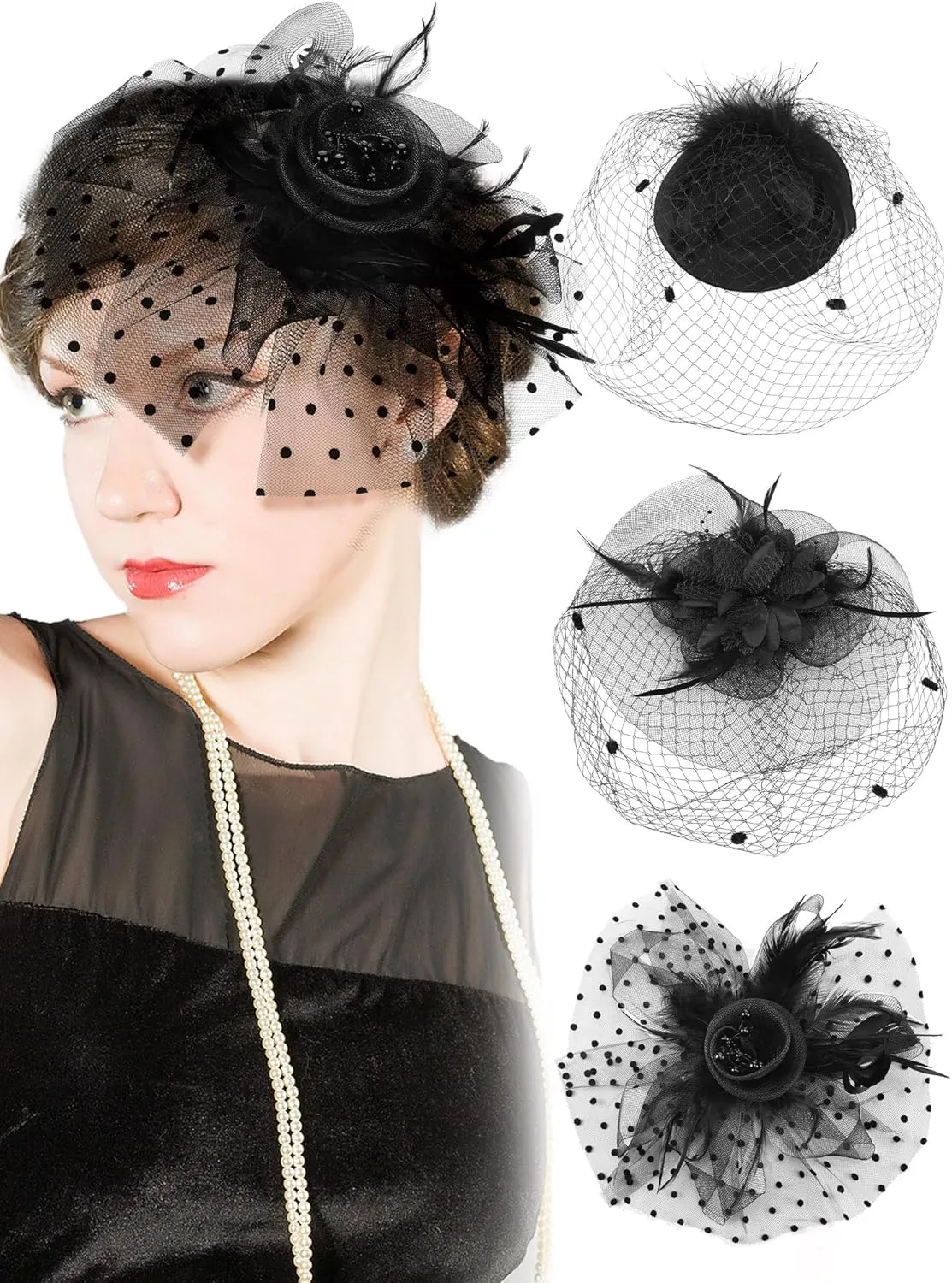 Geyoga 3 Pcs Fascinators Hats Women Mesh Veil with Feather Headband for Derby Party Funeral Tea Party Church Headwear
