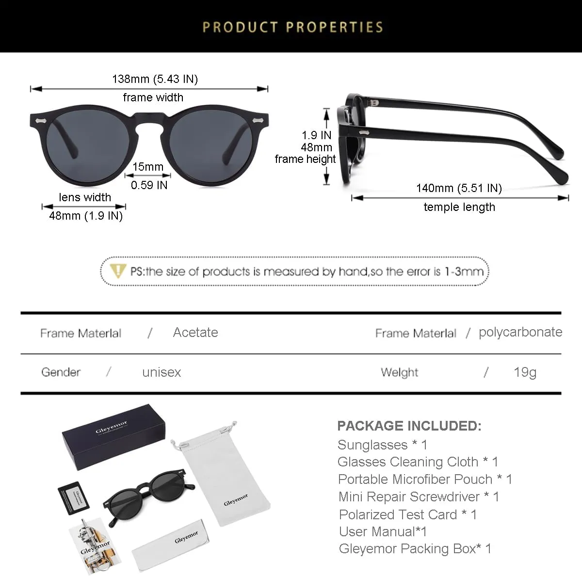 Gleyemor Vintage Polarized Sunglasses for Men Round Sunglasses UV400 Protection Retro Hand-crafted Acetate Frame