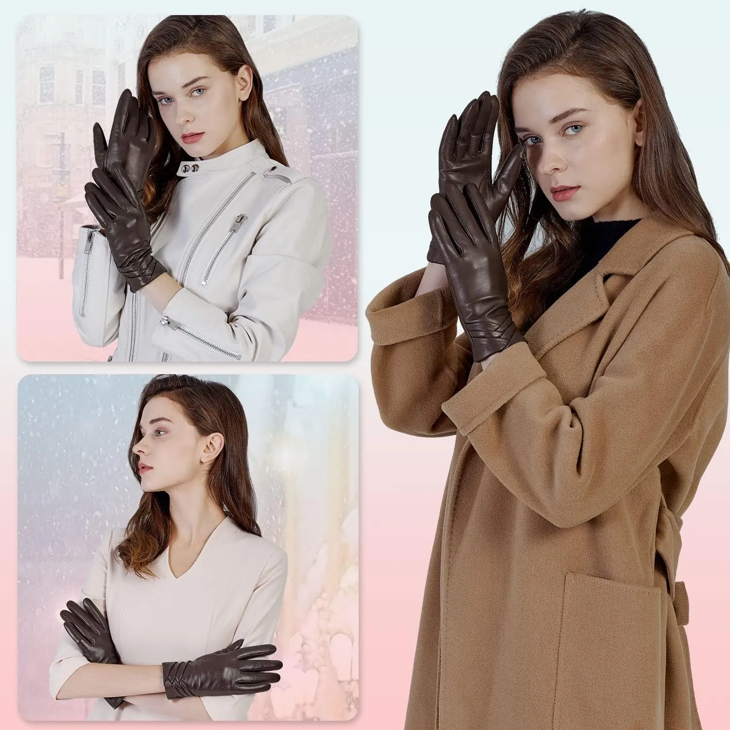 GSG Womens Leather Gloves Driving Touchscreen Warm Nappa Texting Winter Wool Knitted Liner