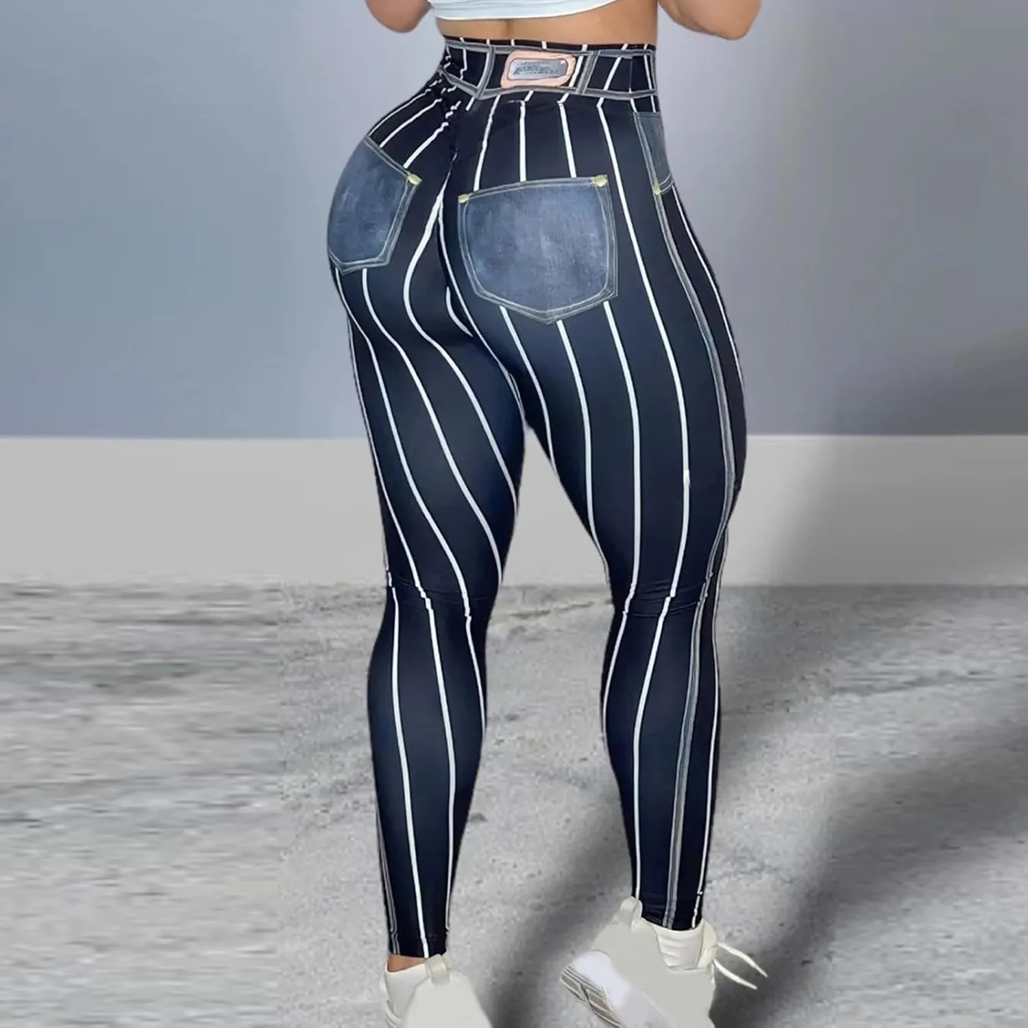 HGps8w Women's Imitation Denim Line Printed Leggings - Super High Waisted Striped Stretchy Yoga Pants Funny Running Tights