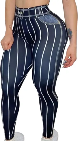HGps8w Women's Imitation Denim Line Printed Leggings - Super High Waisted Striped Stretchy Yoga Pants Funny Running Tights