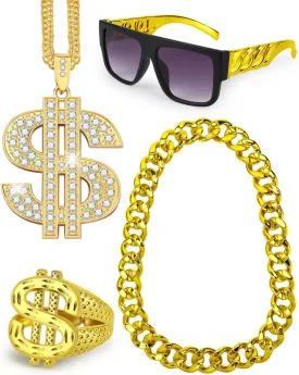 Hoedia 4 Pack 8090s Hip Hop Costumes Kit Outfits for Men,Fake Gold Chain,Sunglasses,Dollar Sign Ring&Chain Rapper Accessories