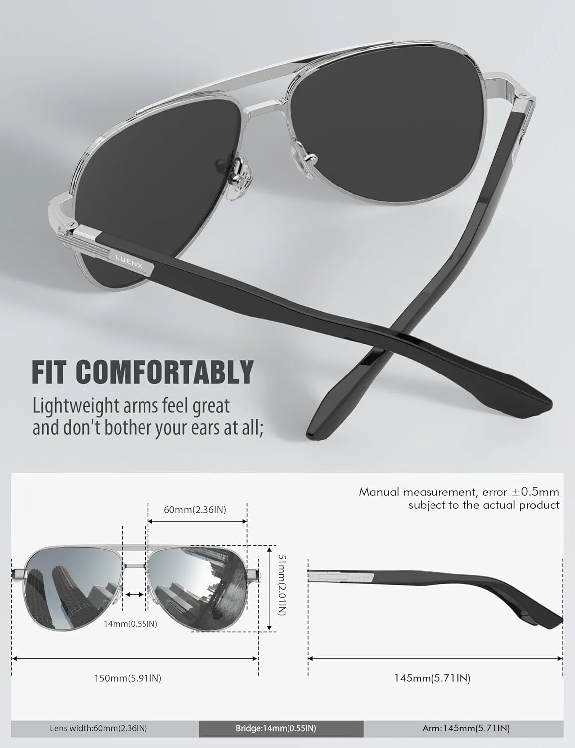 LUENX Aviator Sunglasses for Men Polarized Trendy Shades Driving UV 400 Protection