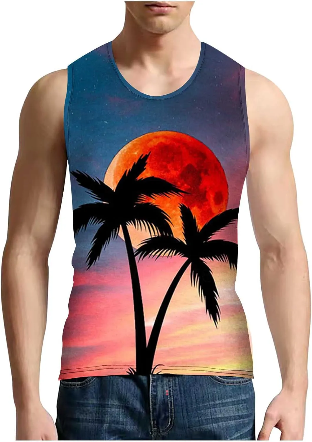 NaRHbrg Palm Tree Tanks Tops for Mens Cool Printed Graphic Sleeveless Tank Top Muscle Shirt for Workout Gym Jogging