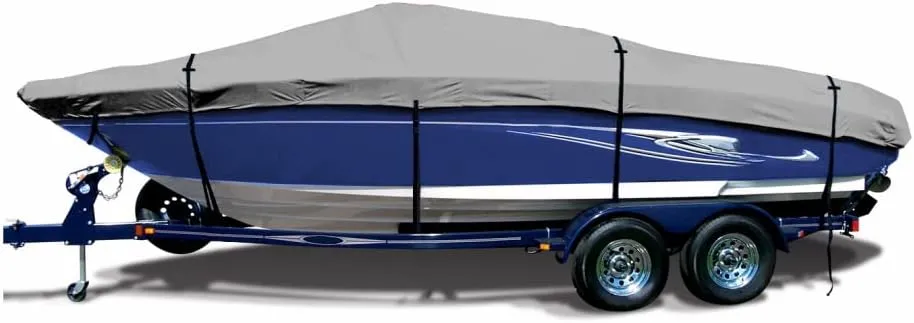 SavvyCraft Trailerable Deck Boat Cover, Heavy Duty 600D Waterproof Boat Cover for Deck Boat, Tri-Hull Boat 26'6"x104" Gray