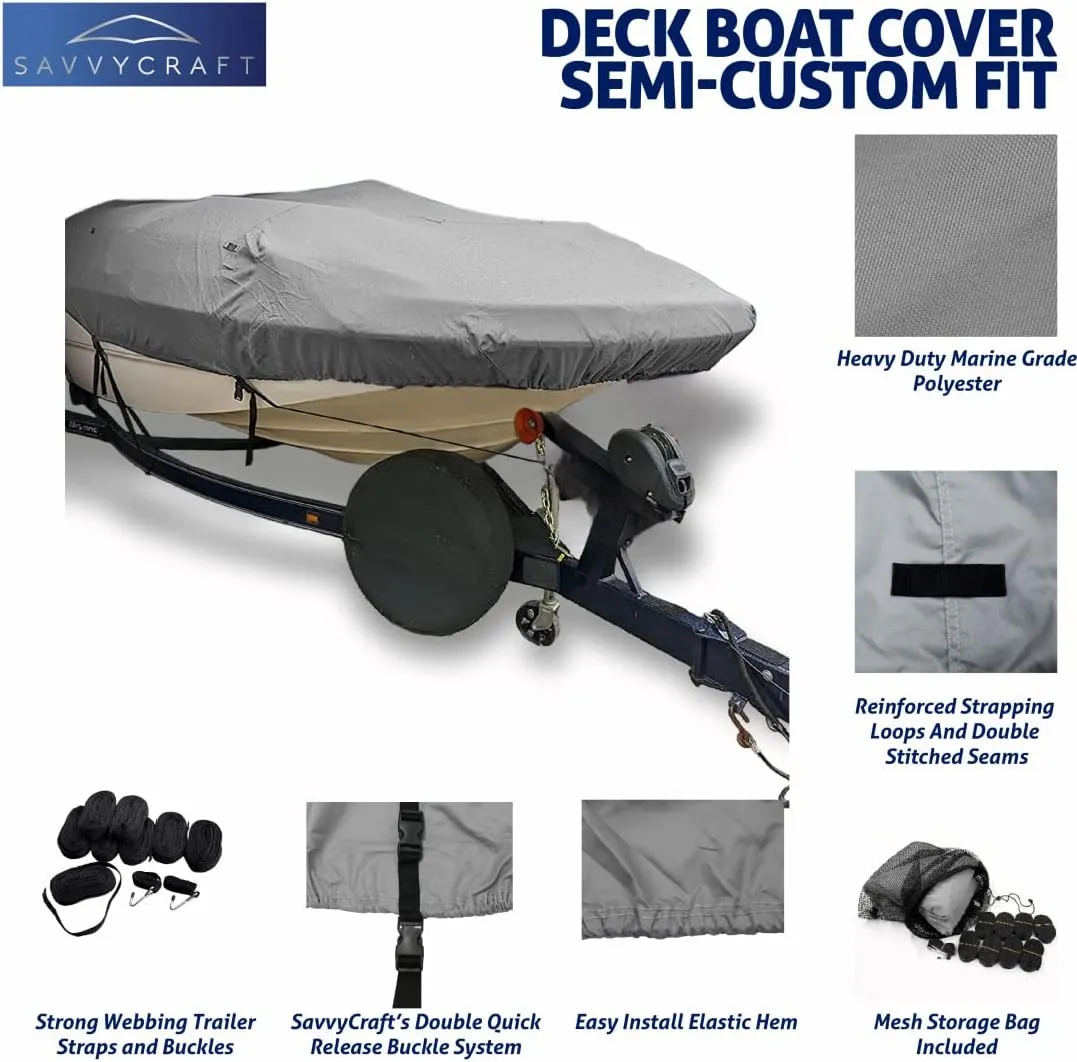 SavvyCraft Trailerable Deck Boat Cover, Heavy Duty 600D Waterproof Boat Cover for Deck Boat, Tri-Hull Boat 26'6"x104" Gray