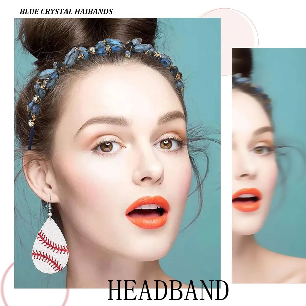 Thin Rhinestones Headband Blue Crystal Hair Bands Sparkle Beaded Head Bands for Women(Blue)