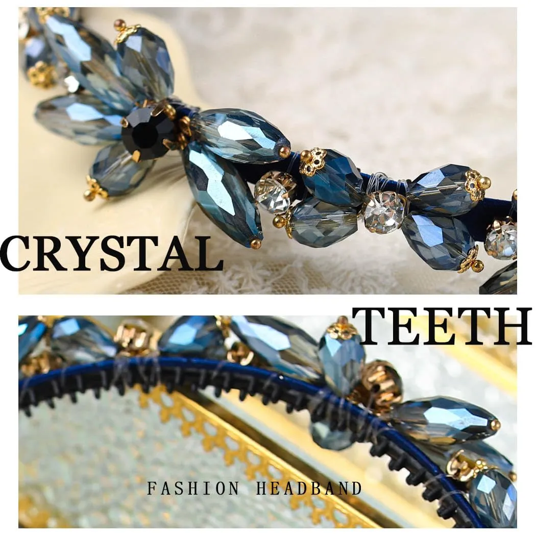 Thin Rhinestones Headband Blue Crystal Hair Bands Sparkle Beaded Head Bands for Women(Blue)
