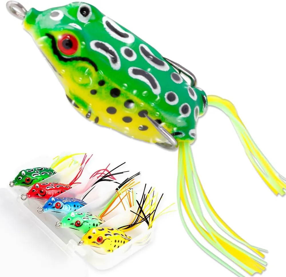 Topwater Frog Lures for Bass Fishing, 5 Pack Soft Hollow Body Weedless Frog Bait, Realistic Swimming Action, High Hookup, Crankbait for Freshwater Fishing, Includes Tackle Box