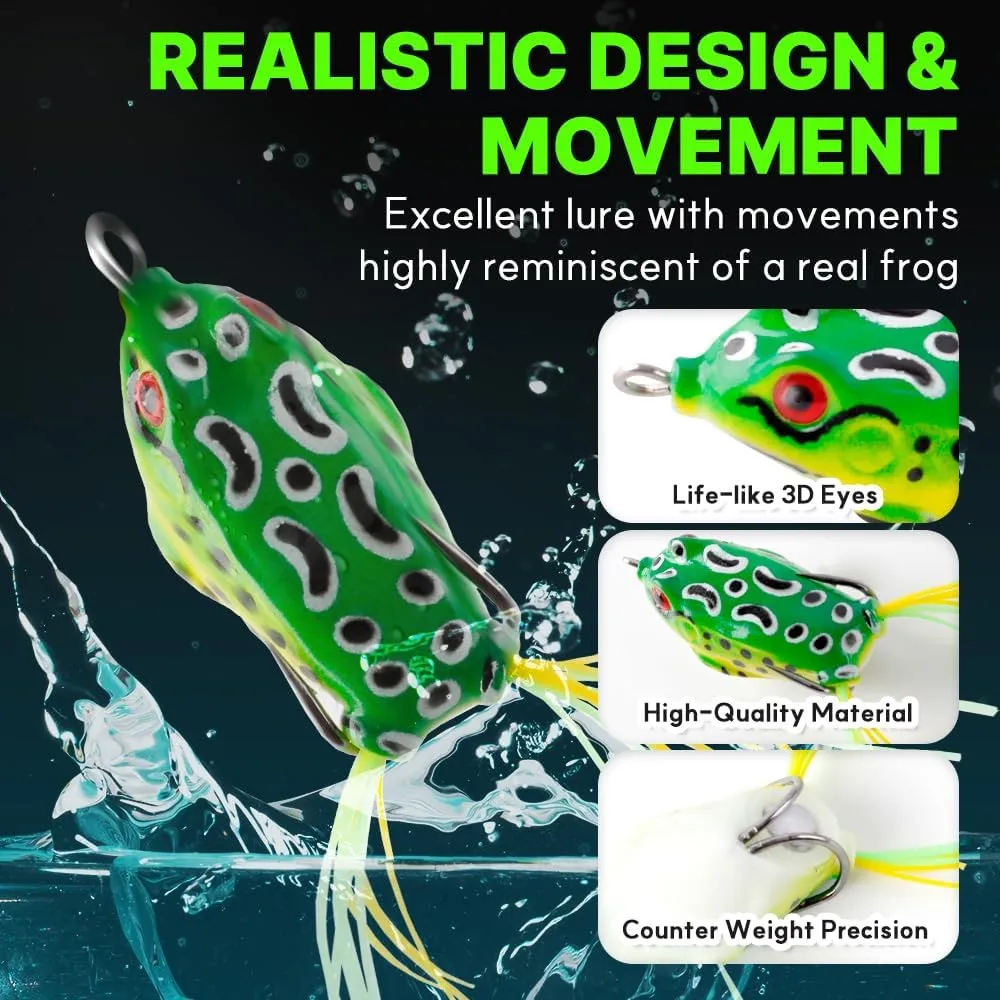 Topwater Frog Lures for Bass Fishing, 5 Pack Soft Hollow Body Weedless Frog Bait, Realistic Swimming Action, High Hookup, Crankbait for Freshwater Fishing, Includes Tackle Box