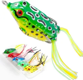 Topwater Frog Lures for Bass Fishing, 5 Pack Soft Hollow Body Weedless Frog Bait, Realistic Swimming Action, High Hookup, Crankbait for Freshwater Fishing, Includes Tackle Box