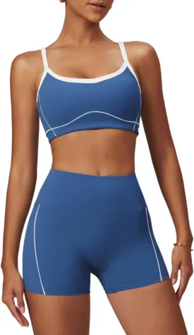 Two Piece Women Workout Sets Color Block Sports Bra and Scrunch Butt Lifting Shorts Gym Yoga Active Wear Outfits
