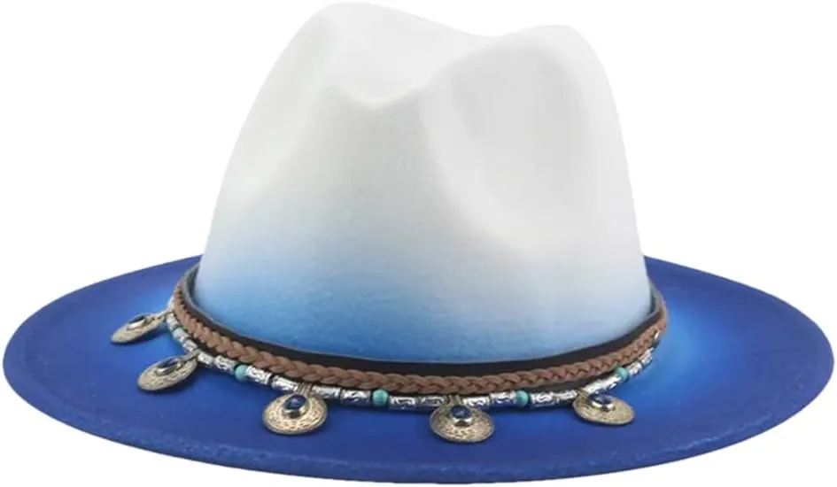 Women Fedoras Hats Mens Casual Gradient Color Cap Band Patchwork Panama Wide Brim Hat Blue 56-58cm