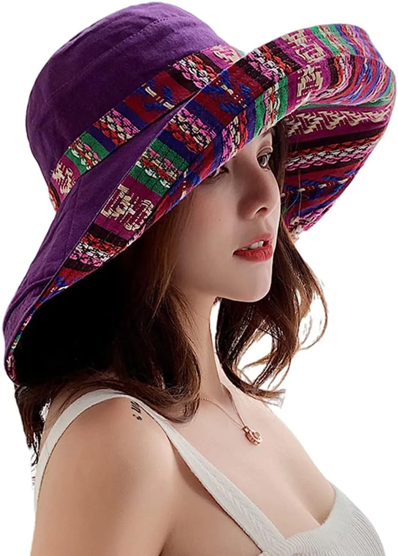 Women Wide Brim Sun Hats Metal Wired Edge Summer UV Protection Beach Fishing Hat for Hiking Garden Travel Chin Strap